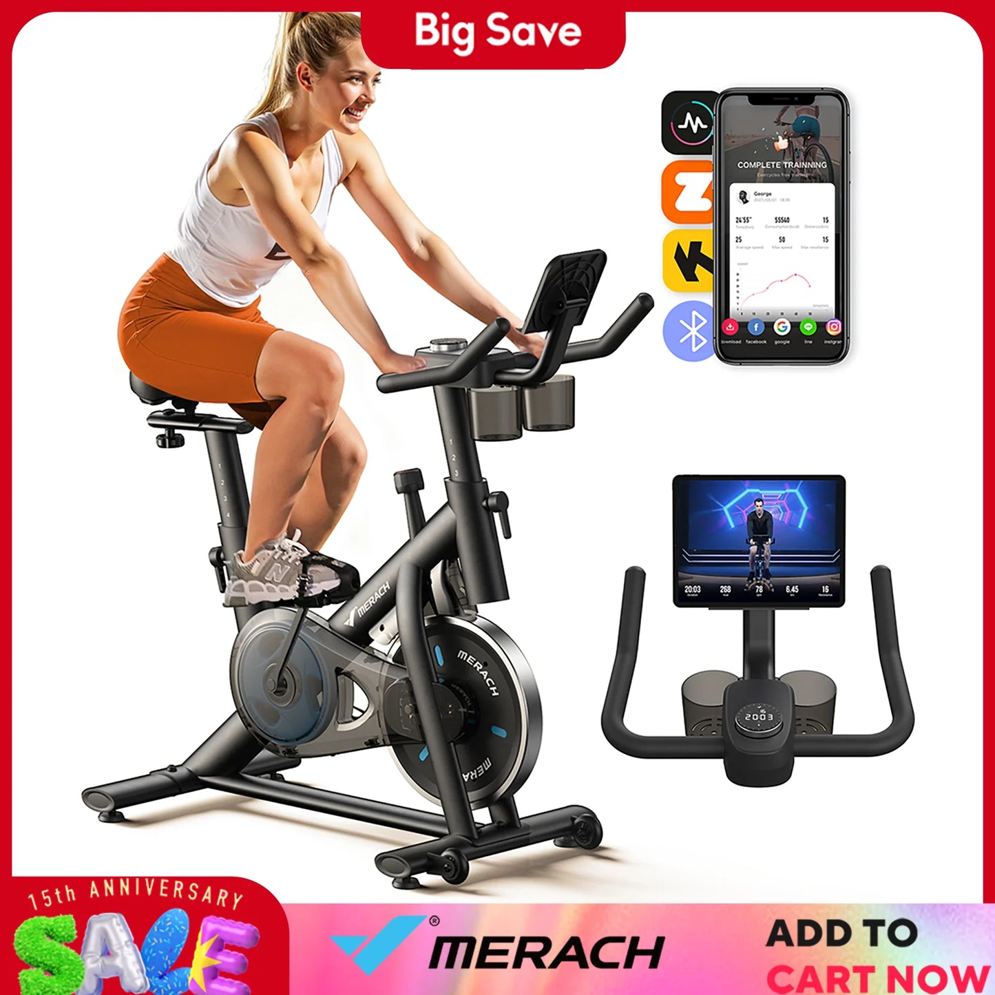 MERACH Exercise Bike Brake Pad Stationary Bike Low Noise Indoor Cycling Bike 270lbs Weight Capacity Tablet Mount Fitness Courses