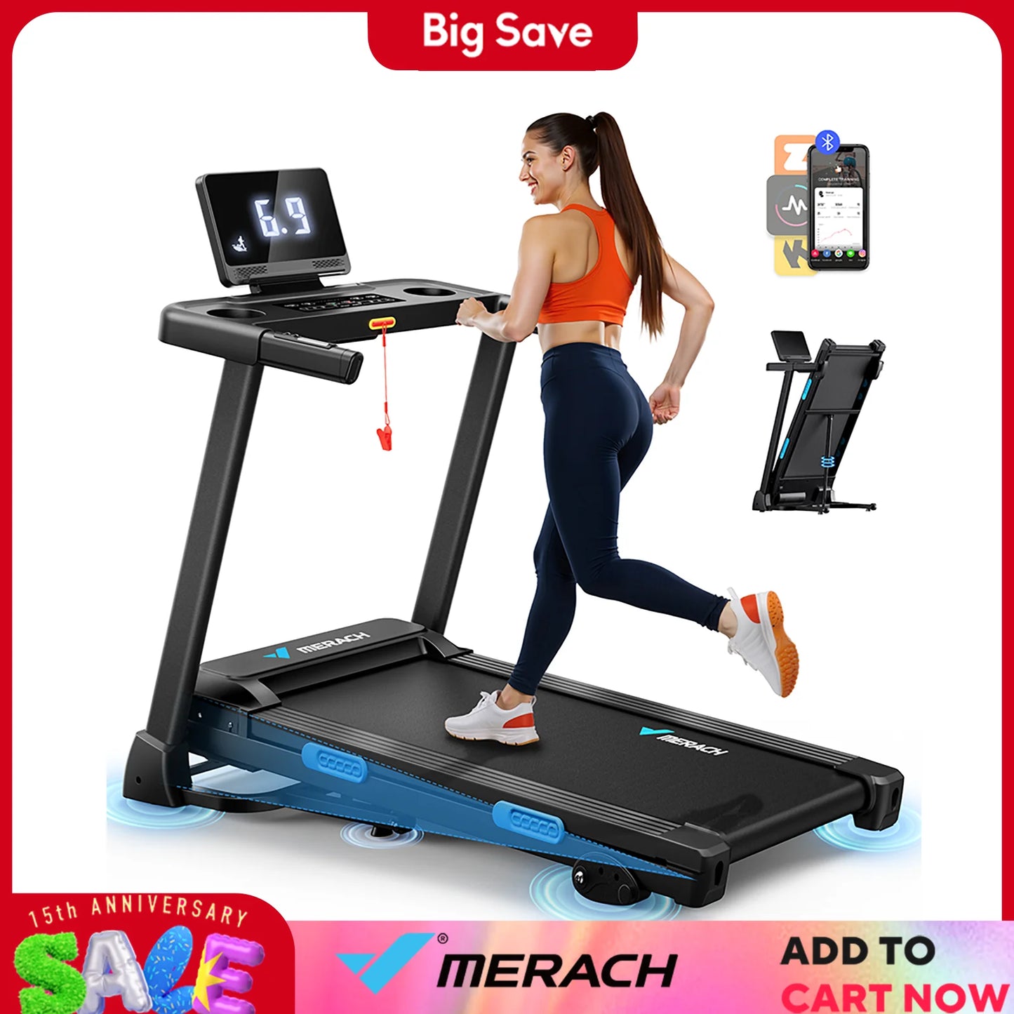 MERACH Foldable Treadmill T12 Incline With Heart Rate Monitoring