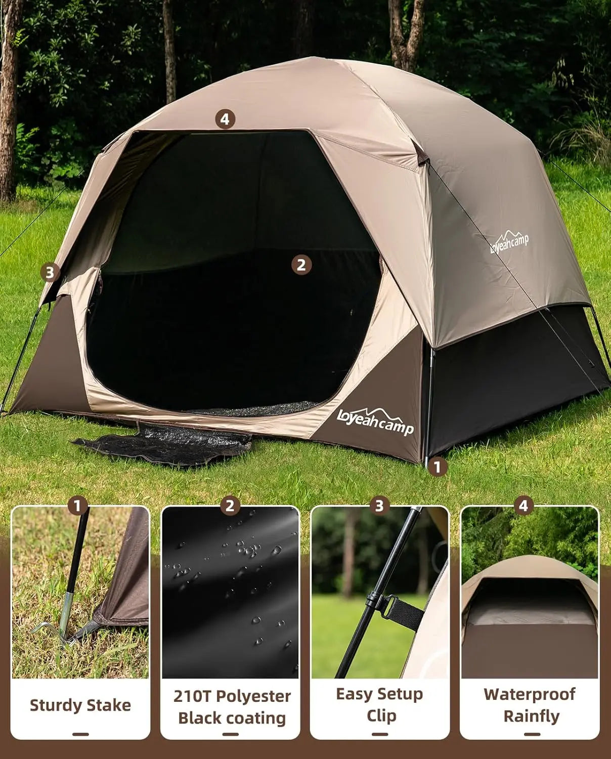 Family Waterproof Dome Tent With Rainfly And Easy Setup Outdoors