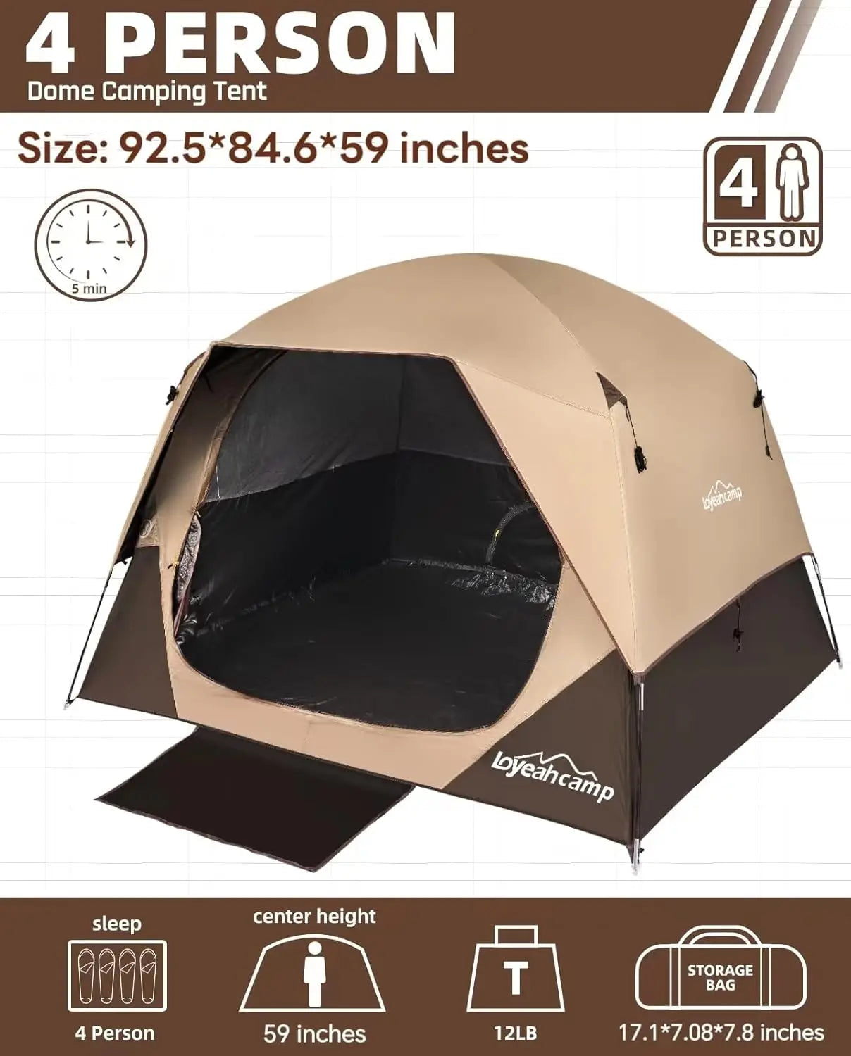 Family Waterproof Dome Tent With Rainfly And Easy Setup Outdoors
