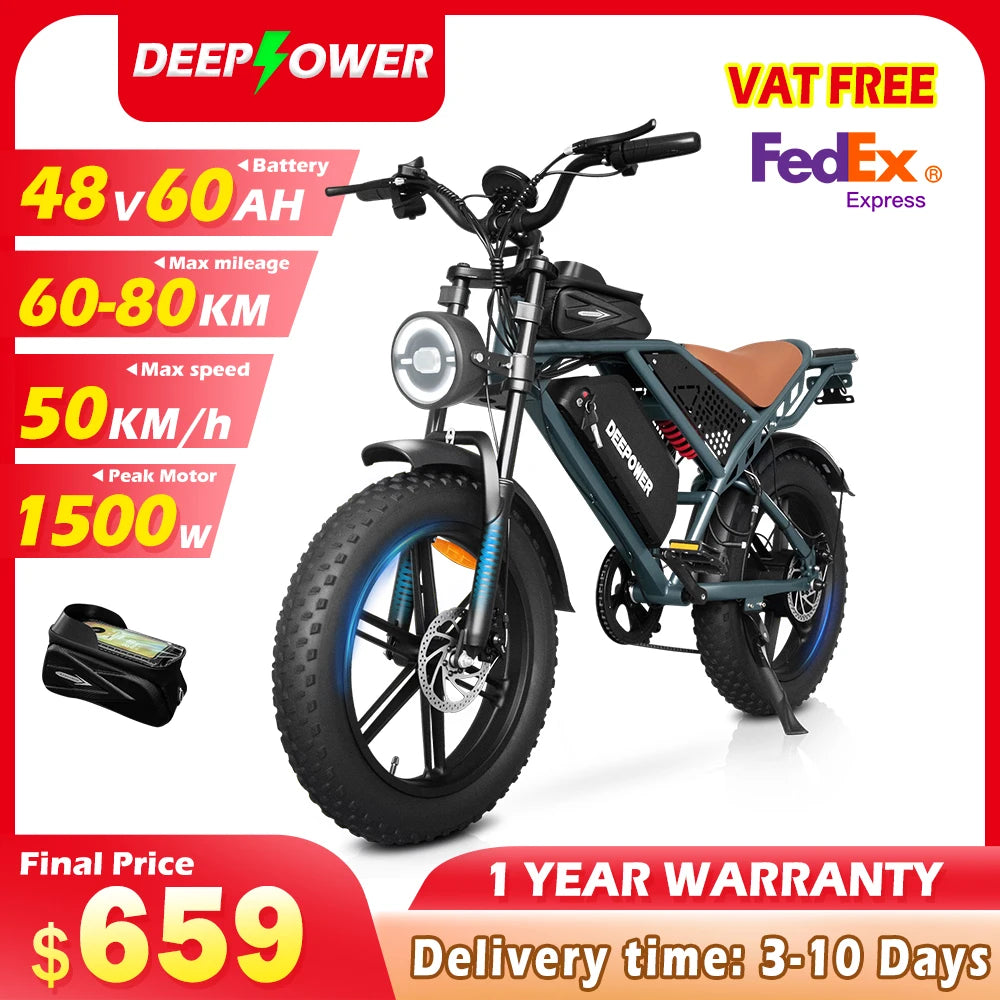 DEEPOWER S7 Electric Mountain Bike 1500W Brushless Motor 48V Battery