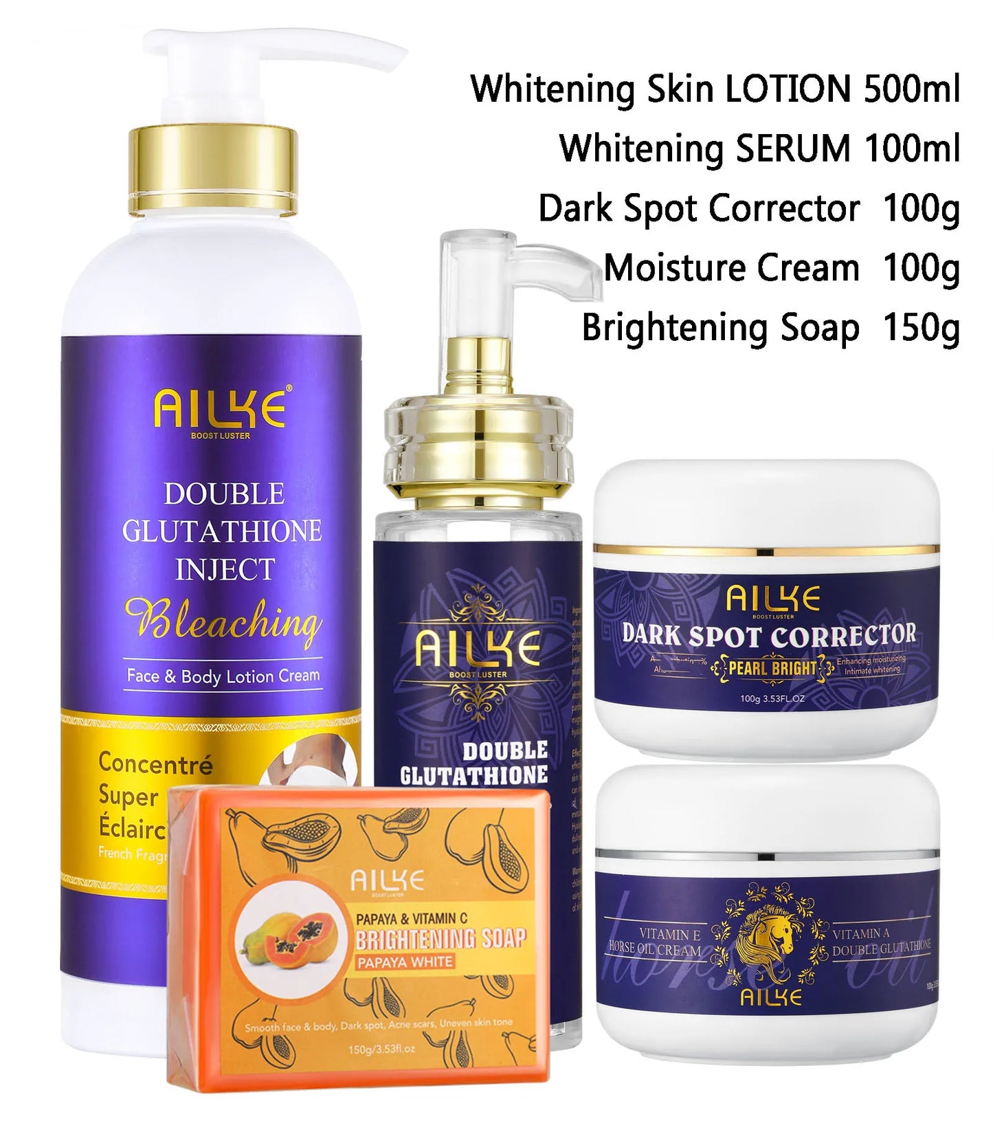 AILKE Glutathione 5-in-1 Women Skin Care Kit, With Body Lotion,  Serum, Dark Spot Removal Cream, Body Cream, Brightening Soap